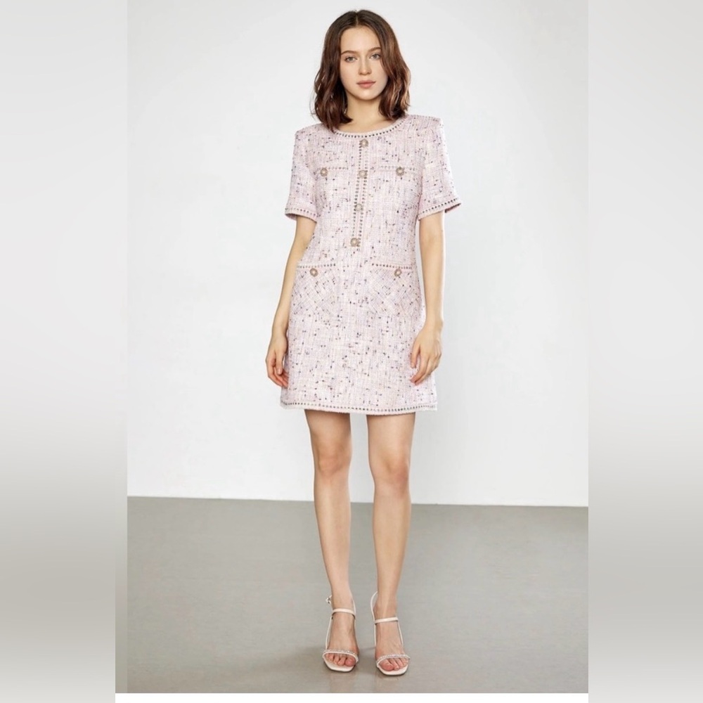 J.ING Librada Tweed Pink Button Short Sleeve Mini Dress,‎ size M